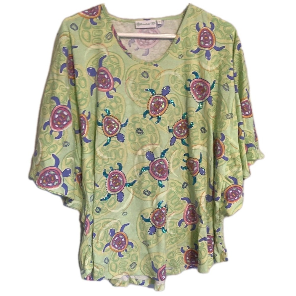 LuLu B Shirt Women 1X Green Turtle Sequin Kimono Dolman Cotton Top Beach EUC